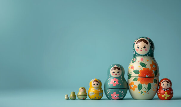 big to tiny traditional matryoshka nesting dolls isolated on plain blue studio background with empty text space