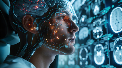 Brain-computer interface (BCI) is sometimes called brain-machine interface (BMI) or smart brain. This provides a direct communication path between the brain's electrical activity and external devices. - obrazy, fototapety, plakaty