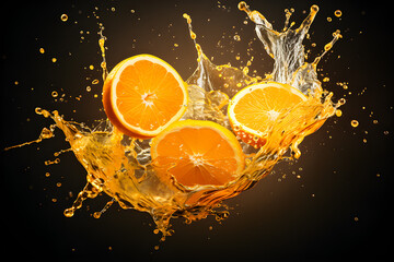 3D illustration fruit orange juice and pieces of oranges falling with splashes on a dark background, generated ai