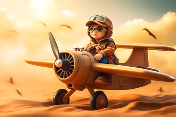 3d illustration cartoon boy hero pilot with retro airplane , generated ai - obrazy, fototapety, plakaty