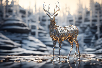 3d illustration of a silver metal deer on a forest background, generated ai