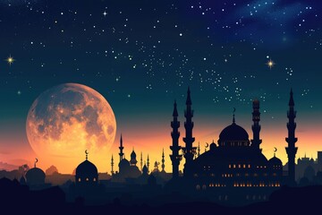A beautiful silhouette of a mosque and Mesmerizing night view of a mosque under starry sky and bright moon. Perfect for Ramadan, Eid, or Islamic religious themed designs.