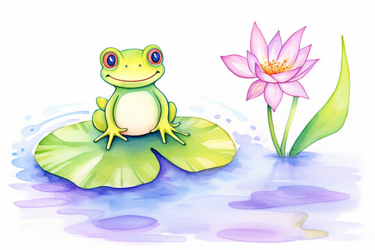 Vibrant watercolor rendering of a playful amphibian on a lily pad , cartoon drawing, water color style
