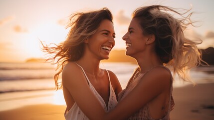 Close-up of a laughing lesbian couple hugging and looking at each other on the beach at sunset. Happy moments together, love and youth, Positive emotions, facial expressions concepts.