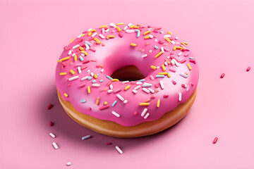 3D illustration of a bright pink donut with a scattering of decorations on a monochrome background, generated aiф