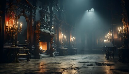 Mysterious dark hall at night with fog. Horror Halloween concept