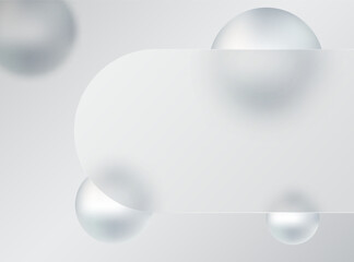 Glass morphism banner template. Banner made of transparent plastic with a blur effect and silver spheres.