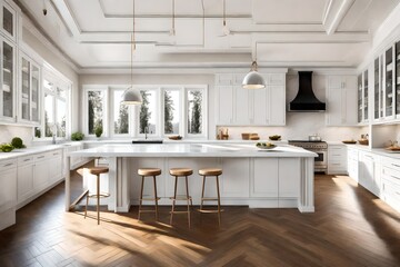 Amazing Luxury Kitchen Interior in white with wooden floor and kitchen island