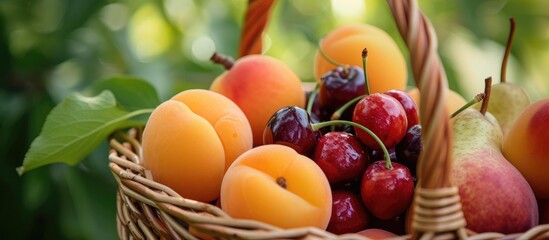Selective focus on apricot, pear, peach, and cherries in a wicker basket of ripe fruits.