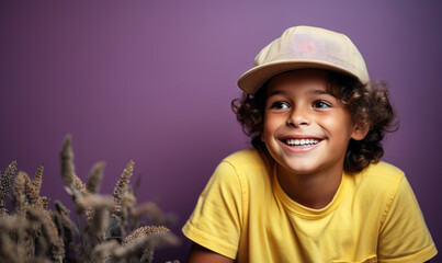 Radiant young boy with curly hair wearing a yellow shirt and beige cap, joyfully smiling against a...