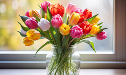 Vibrant multicolored tulips in a clear glass vase on a windowsill, symbolizing love and affection for Valentine's Day