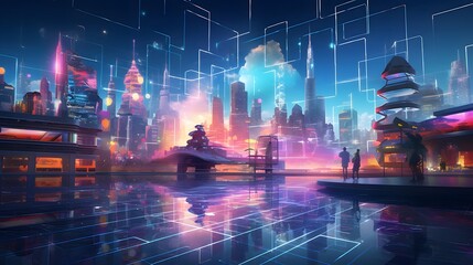 Digital illustration of a futuristic city at night with glowing lights and digital interface