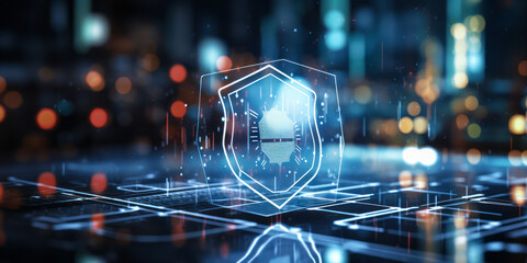 Cybersecurity and data protection concept with shield icon hologram over futuristic interface elements