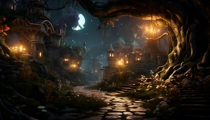 Fantasy landscape with a stone path in a dark forest, 3d illustration