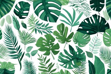 Set of tropical leaves on white background. jungle flora in flat style