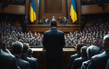Ukrainian presidential candidate delivering a passionate speech from the podium, engaging with the citizens during a political rally. - obrazy, fototapety, plakaty