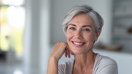 Headshot of middle aged beautiful middle aged 50s woman with short haircut looking up sitting in light white office room touching her skin happily smiling