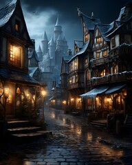 Fototapeta na wymiar Fairy tale castle in the night. Fairytale medieval town.