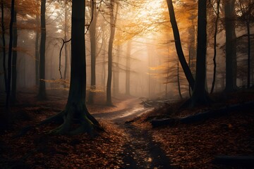 Pathway through the autumn forest at sunset. Panoramic view