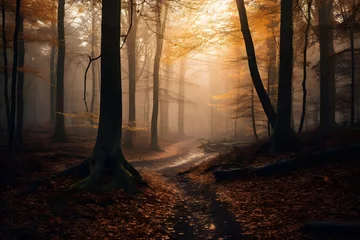 Raamstickers Pathway through the autumn forest at sunset. Panoramic view © Michelle