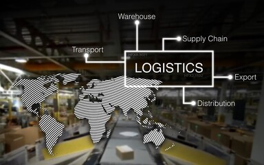 Logistics concept map in the background a fulfillment center with packages on a conveyor belt and a world map, package handling center, globalization, distribution, supply chain
