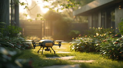 Suburban Drone Delivery at Dawn, A modern drone descends in a sunlit suburban garden, heralding a new day of smart technology integration in everyday life - obrazy, fototapety, plakaty