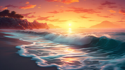 Obraz premium Sandy beach with light blue transparent water waves and sunlight, tranquil aerial beach scene