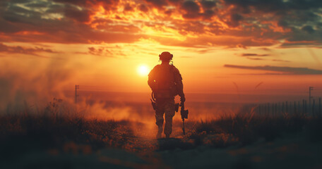Only us soldiers walk towards the distant light and sunset. A soldier returning home from war. A magnificent, epic and dramatic natural landscape.