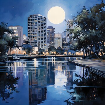 Night city landscape with skyscrapers and swimming pool. Digital painting.