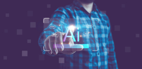 Ai technology, businessman show virtual graphic Global Internet connect Chat with AI, Artificial...