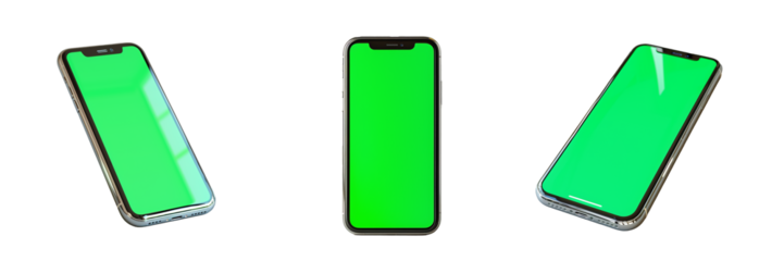 Smartphone with green screen isolated on transparent background png. Collection of rabbit ear smartphone models.