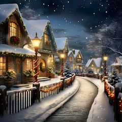 Foto auf Leinwand Christmas village in the snow. Christmas and New Year holidays background. © Michelle