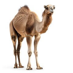 Dromedary Camel standing in natural pose isolated on white background, photo realistic