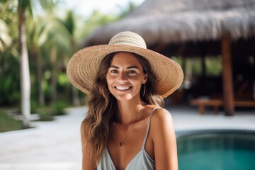 Portrait of beautiful young woman in swimsuit and hat standing near swimming pool