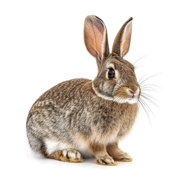 Eastern Cottontail Rabbit in natural pose isolated on white background, photo realistic