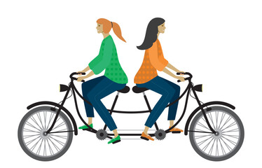 Two women,girls riding same bike in different directions, a metaphor of different goals, argument or disagreement. Tandem bicycle. Isolated. Vector illustration.