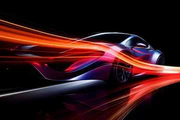 Fototapete sports car on a black background with a red light trail. 3d rendering © Michelle
