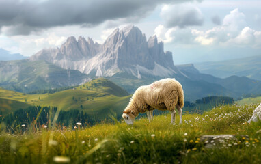 A sheep is peacefully grazing in a field, with stunning mountains serving as a breathtaking background.