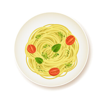 Spaghetti with pesto top view isolated on white