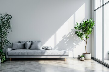 Generative AI image of corner of modern living room, with large blank white wall