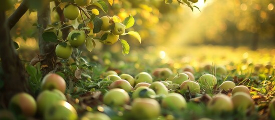 Organic fruits found in a green apple orchard during autumn. - obrazy, fototapety, plakaty