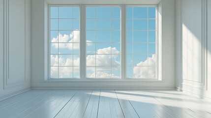 View of a white, empty room from the window. Generative Ai.