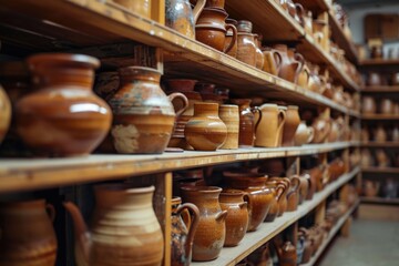 Rows of pottery goods on shelves in a ceramic workshop studio - obrazy, fototapety, plakaty