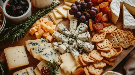 Cheese platter with blue cheese, crackers, dried fruits, grapes