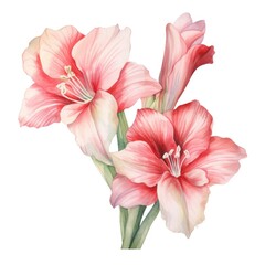 Amaryllis flower watercolor illustration. Floral blooming blossom painting on white background