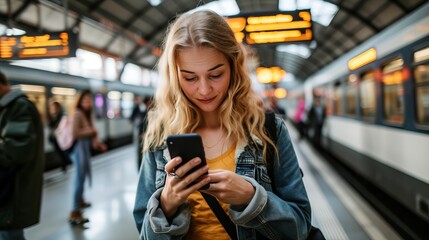 Woman checking mobile phone on train station platform, staying connected while waiting for train. - obrazy, fototapety, plakaty