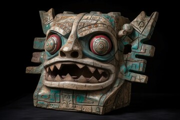 Aztec monster mask. Tribal historical worship ceremonial facial artifact. Generate ai