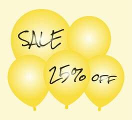 Sale and 25% off written in pen on yellow balloons.
