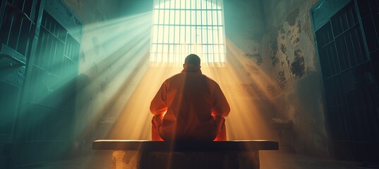 Alone man in orange prison uniform on bench in jail cell with space for text placement - obrazy, fototapety, plakaty