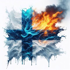 Finland flag what Splash of water and flame. AI generated illustration